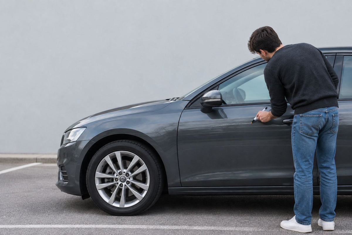 Mano aplicando el bolígrafo BoliMágico sobre un arañazo de la carrocería